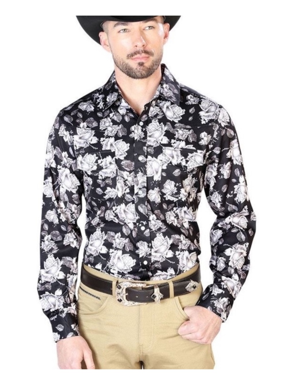 El Señor De Los Cielos Long Sleeve Black Floral Western Shirt